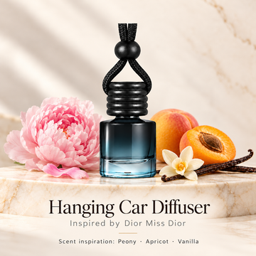 Hanging car diffuser inspired by Dior Miss Dior, with scent illustrations on warm ivory stone
