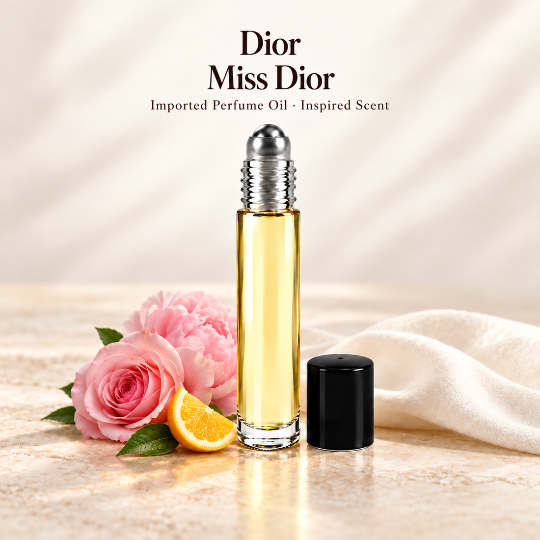 Dior Miss Dior Perfume Oil with minimal fragrance note accents on soft ivory