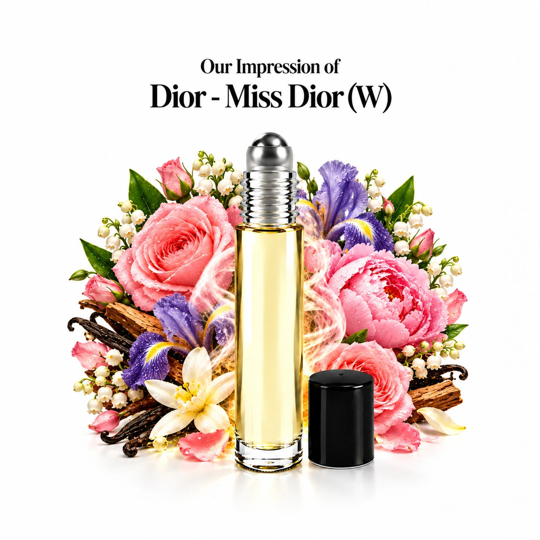 Our impression of Dior - Miss Dior Perfume Oil centered roll-on and scent-note halo with generous white spacing.