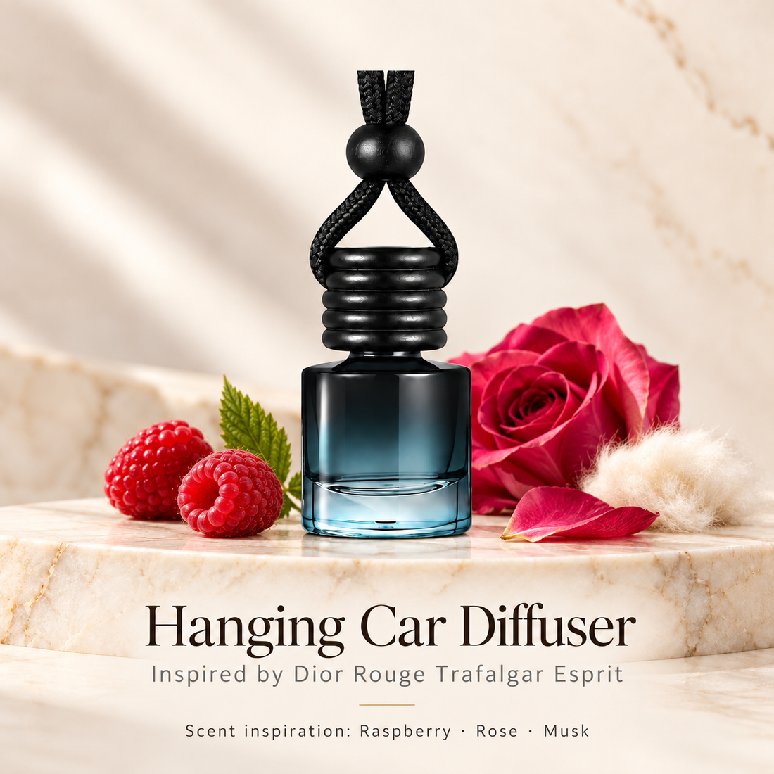 Hanging car diffuser inspired by Dior Rouge Trafalgar Esprit, with scent illustrations on warm ivory stone