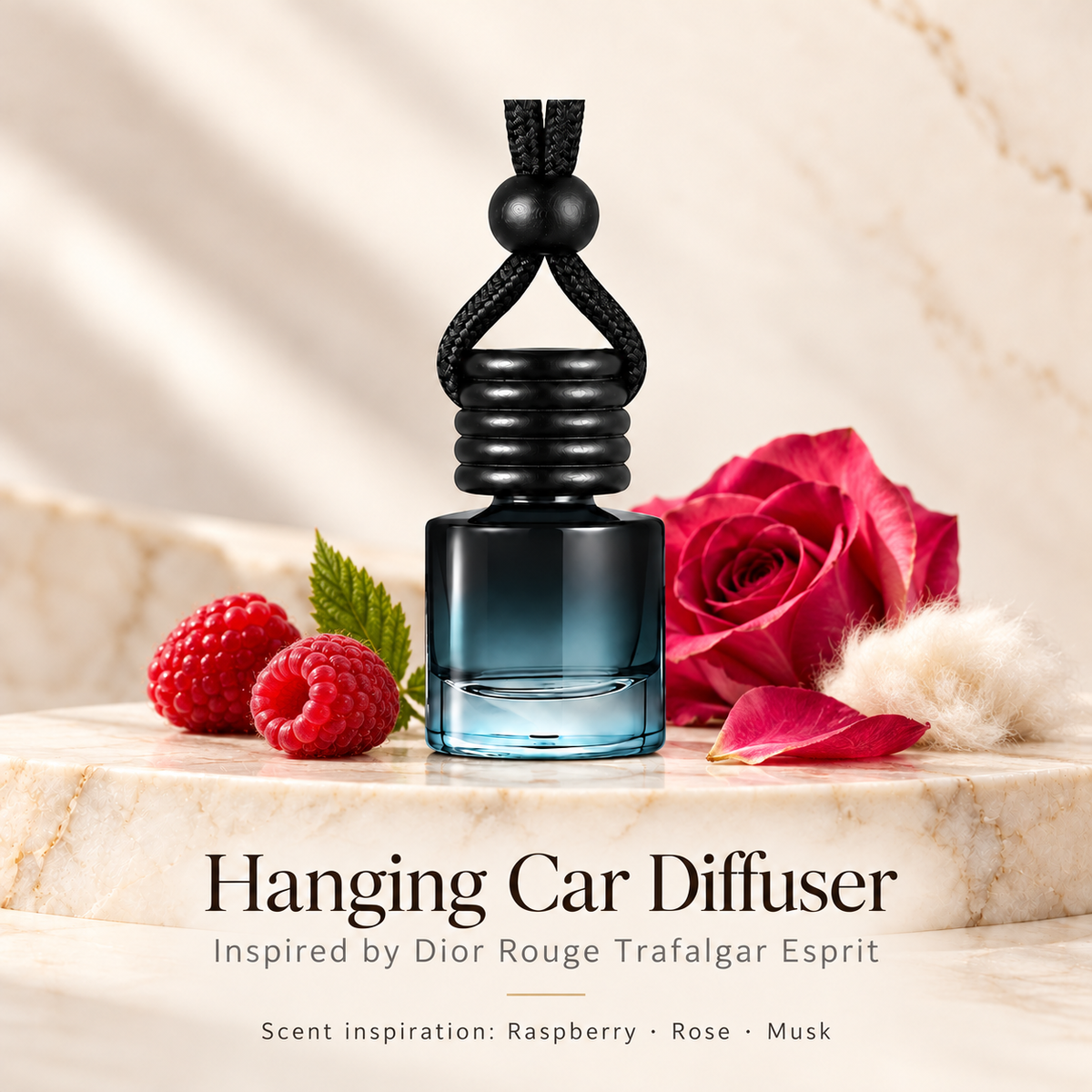 Hanging car diffuser inspired by Dior Rouge Trafalgar Esprit, with scent illustrations on warm ivory stone