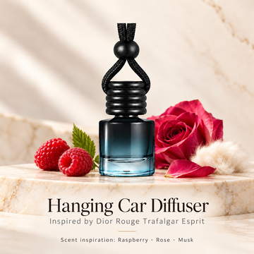Hanging car diffuser inspired by Dior Rouge Trafalgar Esprit, with scent illustrations on warm ivory stone