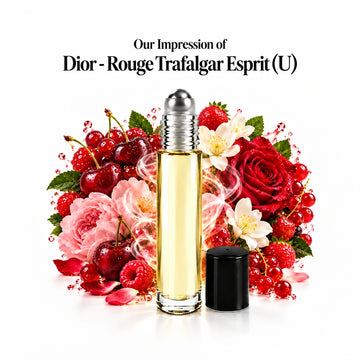 Our impression of Dior - Rouge Trafalgar Esprit Perfume Oil centered roll-on and scent-note halo with generous white spacing.