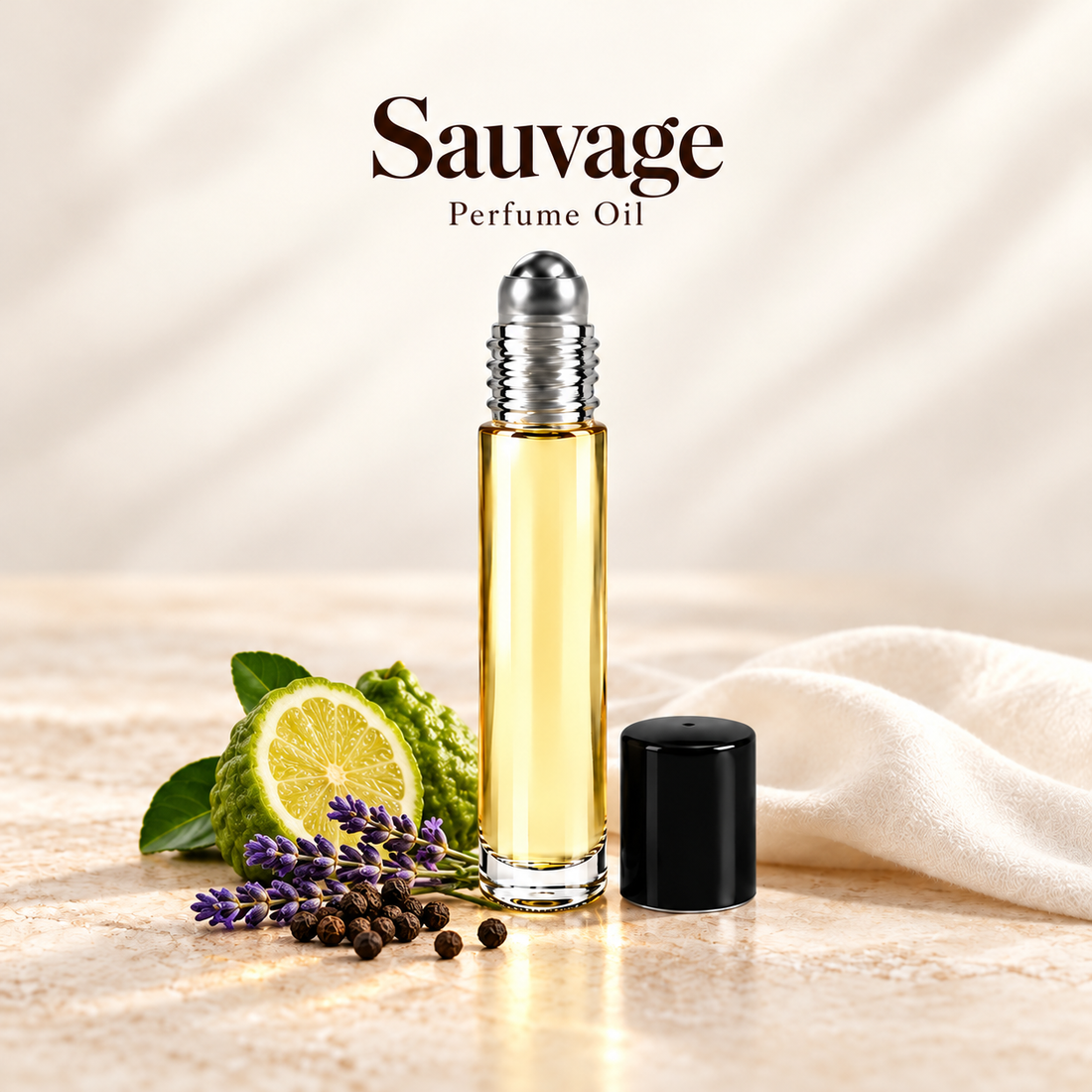 Dior Sauvage Perfume Oil with simple scent note accents on soft ivory
