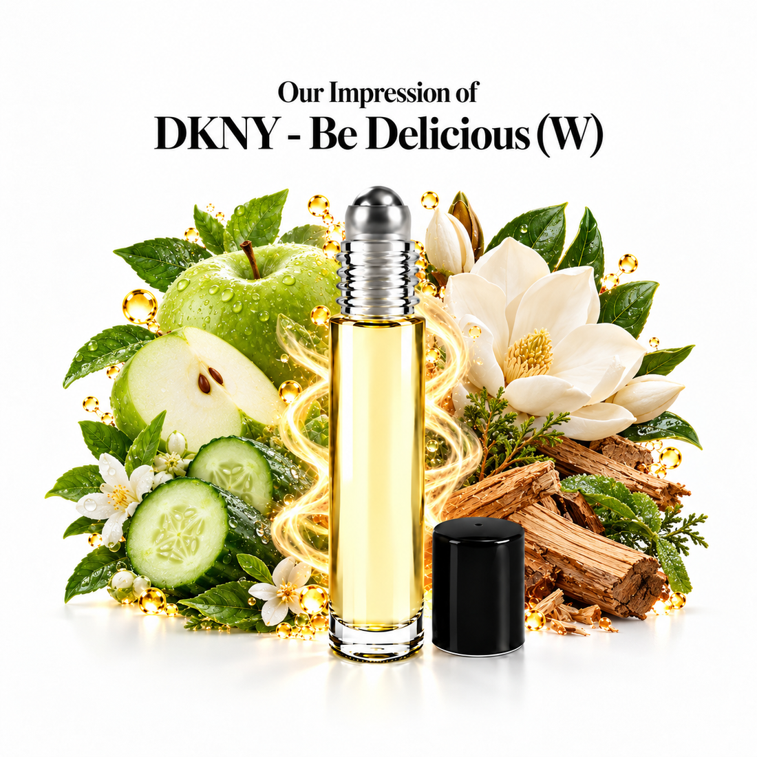 DKNY Be Delicious Perfume Oil roll-on with scent-note imagery