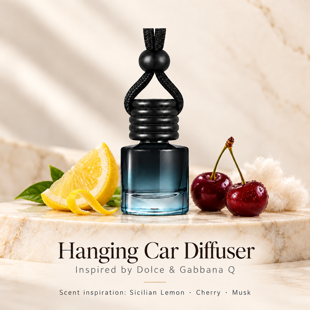 Hanging car diffuser inspired by Dolce & Gabbana Q, with scent illustrations on warm ivory stone