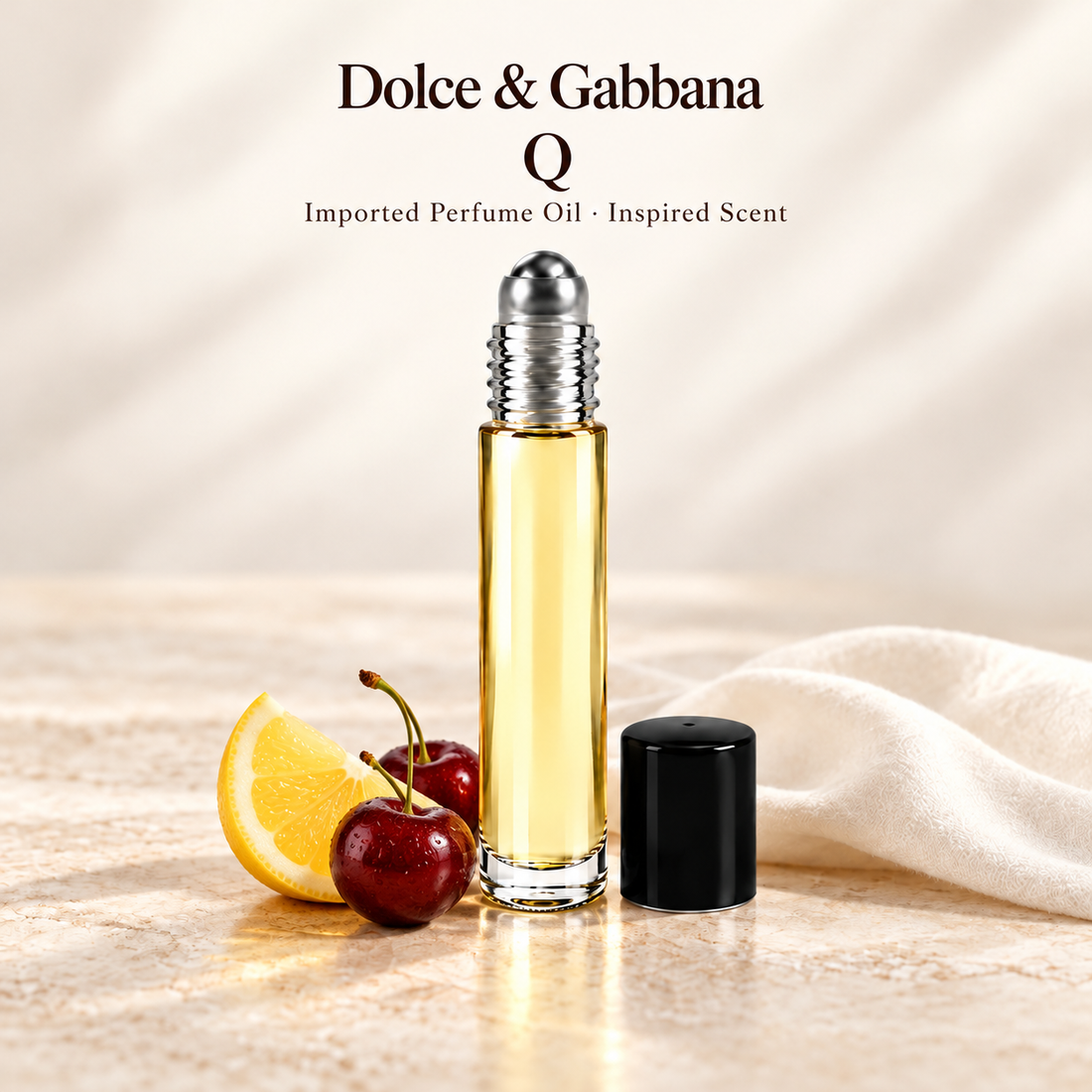 Dolce & Gabbana Q Perfume Oil with minimal fragrance note accents on soft ivory