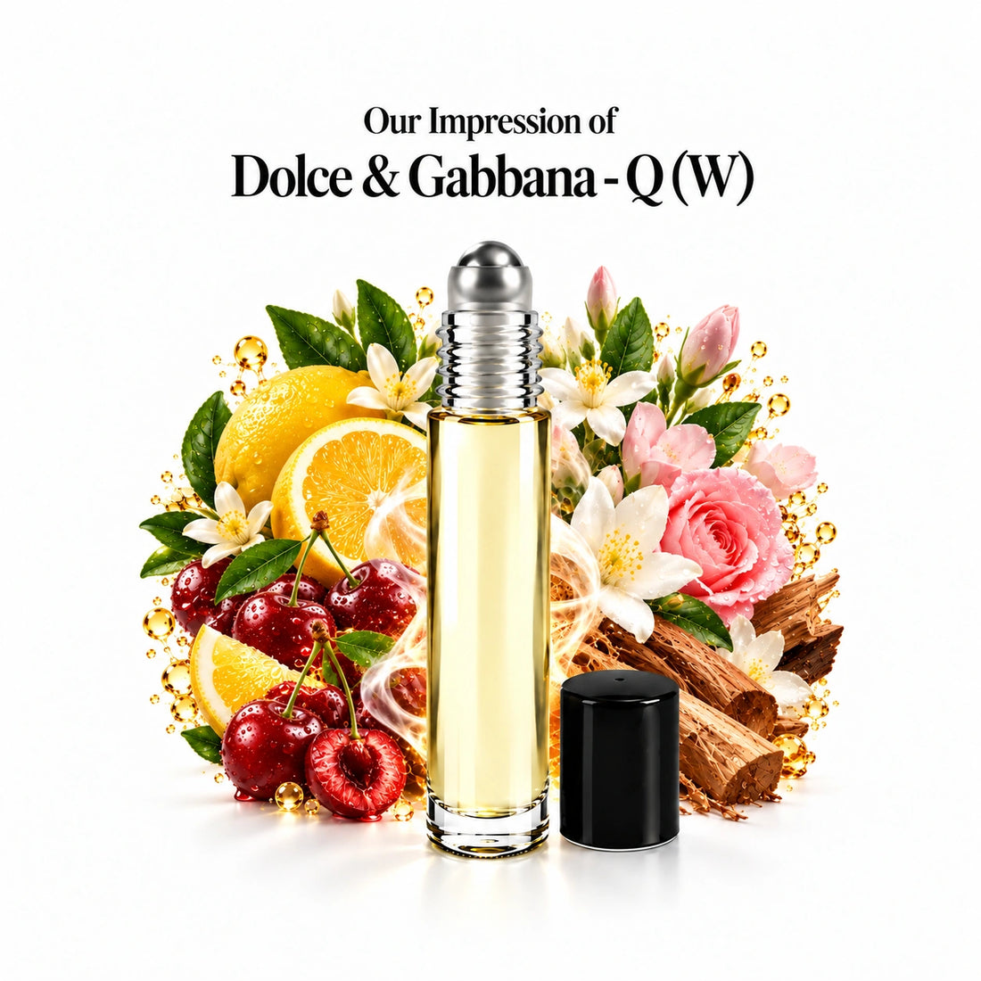 Our impression of Dolce & Gabbana - Q Perfume Oil centered roll-on and scent-note halo with generous white spacing.