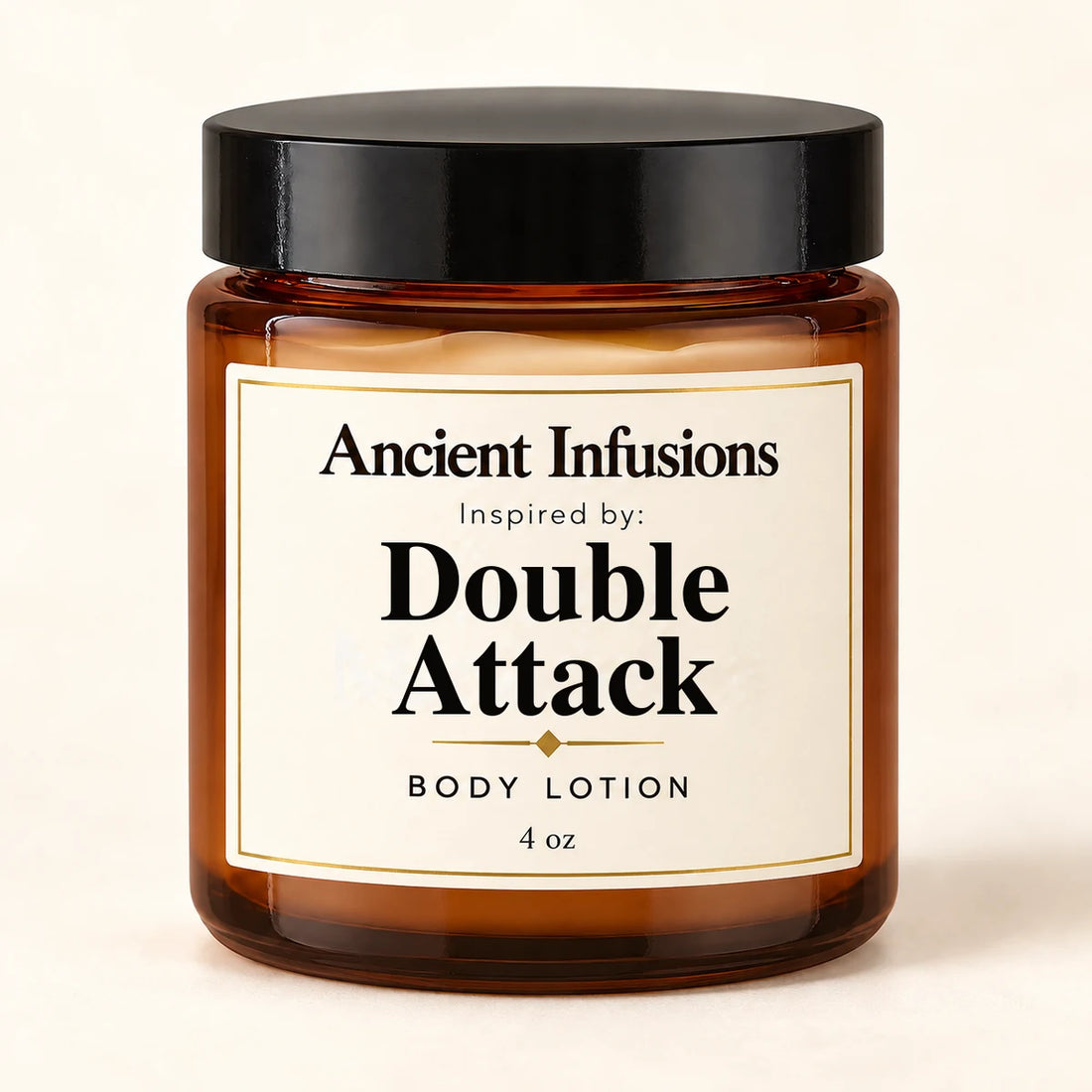 Double Attack Inspired Body Lotion by Ancient Infusions — 4 oz amber glass jar
