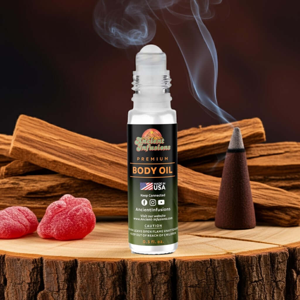 Dragons Blood Body oil bottle with smoke, cinnamon sticks, and gummy bears on a wooden surface
