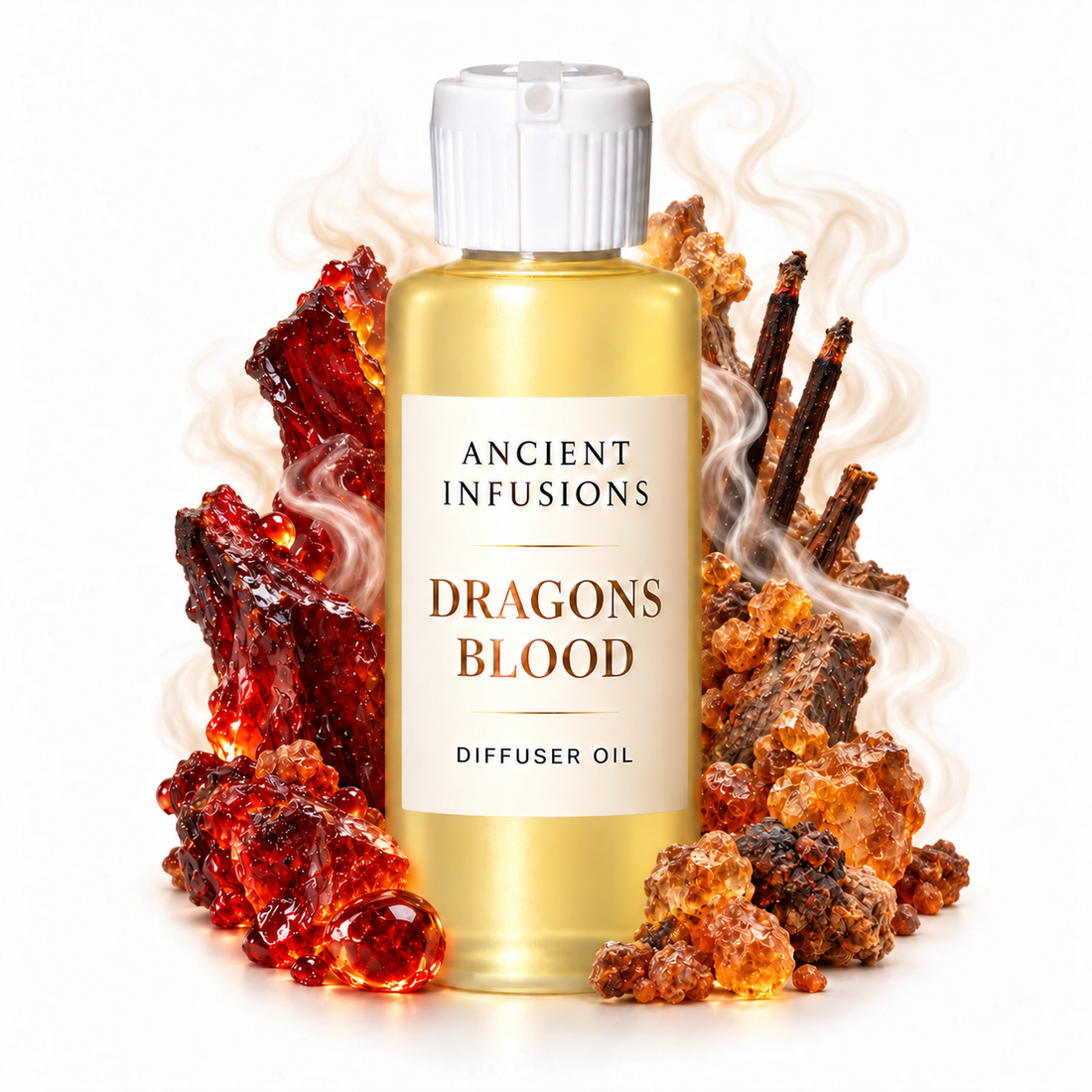 Dragons Blood Diffuser Oil by Ancient Infusions with golden oil, white cap and matching scent artwork