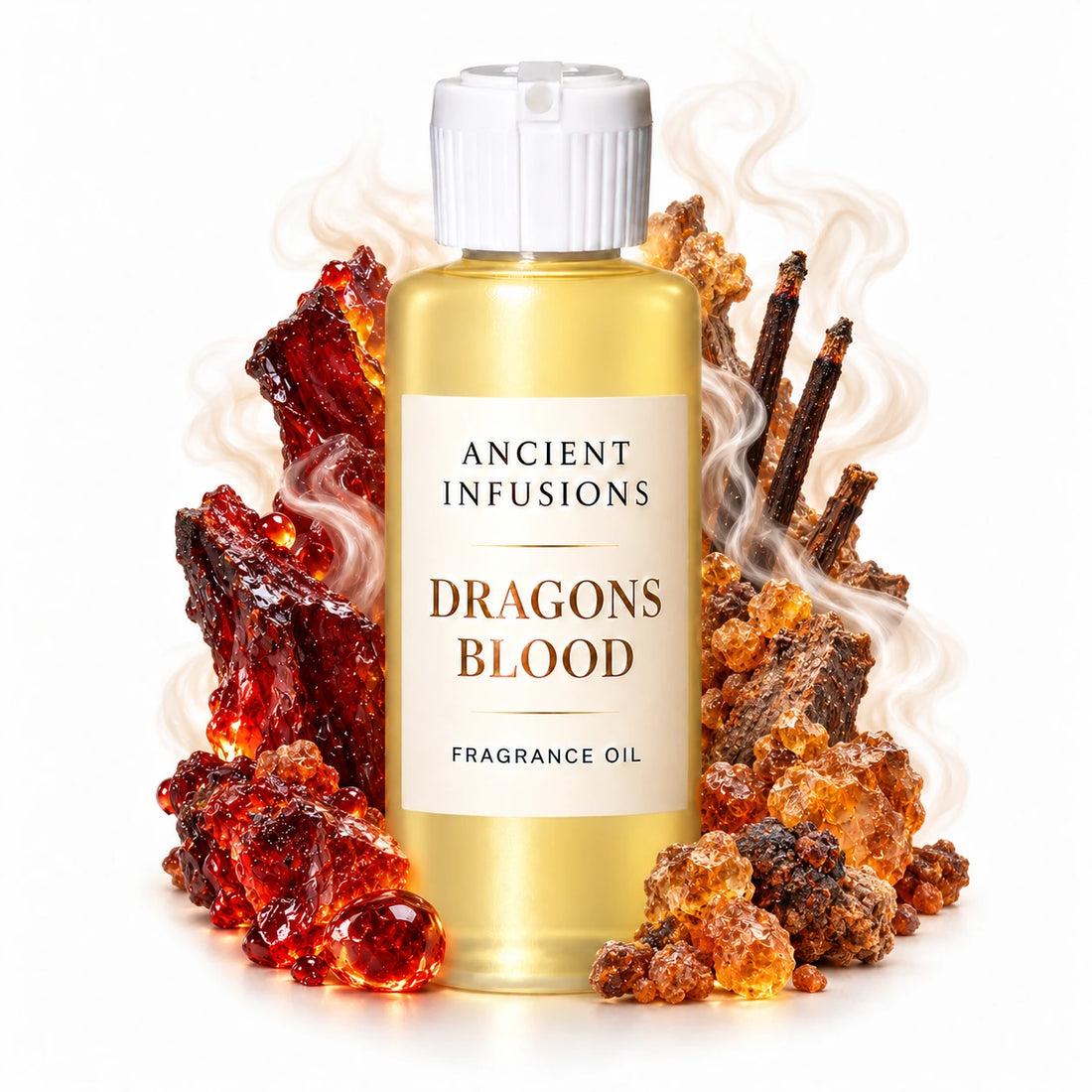 Dragons Blood fragrance oil by Ancient Infusions, with pale yellow oil and a tight halo representing sweet resin, incense, myrrh.