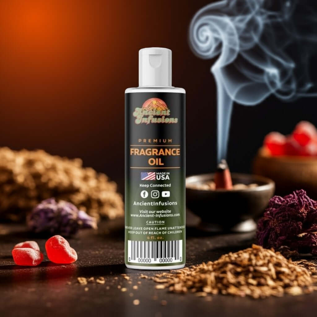 Dragons Blood Fragrance Oil bottle surrounded by earthy incense and smoke, symbolizing grounding and spiritual essence.