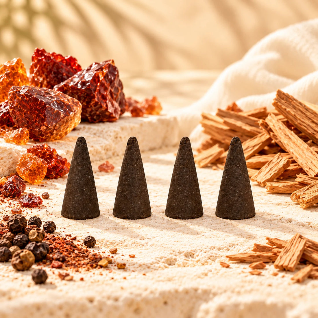 Dragons Blood  Incense Cones on cream stone.
