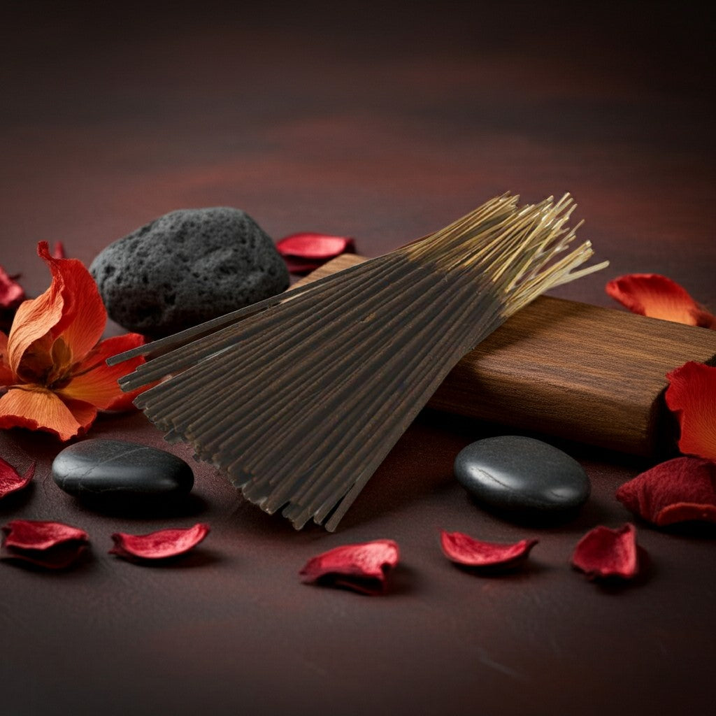 Dragons Blood Incense Sticks with a cork wrapper on black stones and pink petals against a dark background