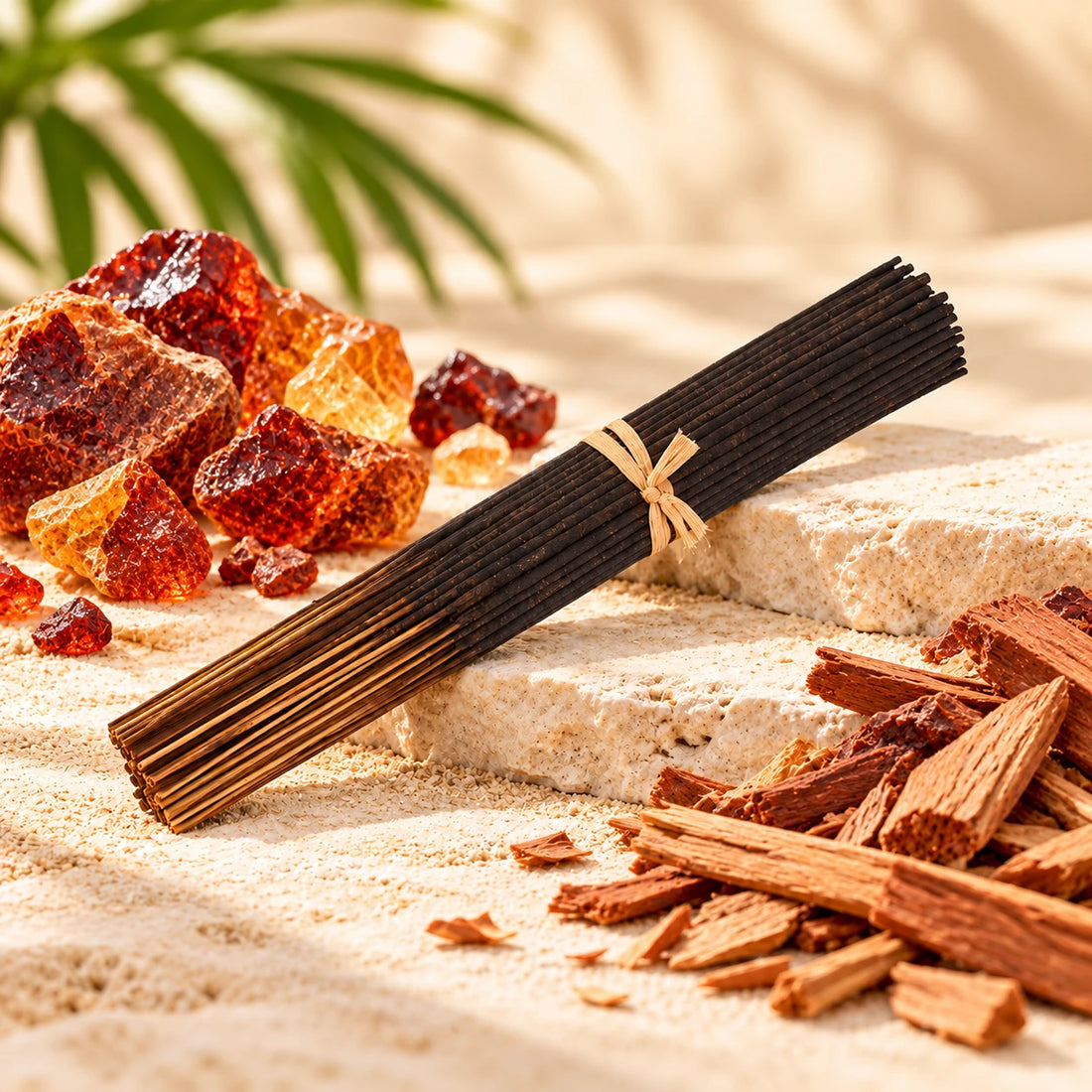 Dragons Blood Incense Sticks on cream stone.
