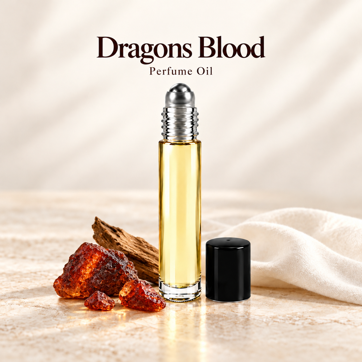 Dragons Blood Perfume Oil with simple scent note accents on soft ivory