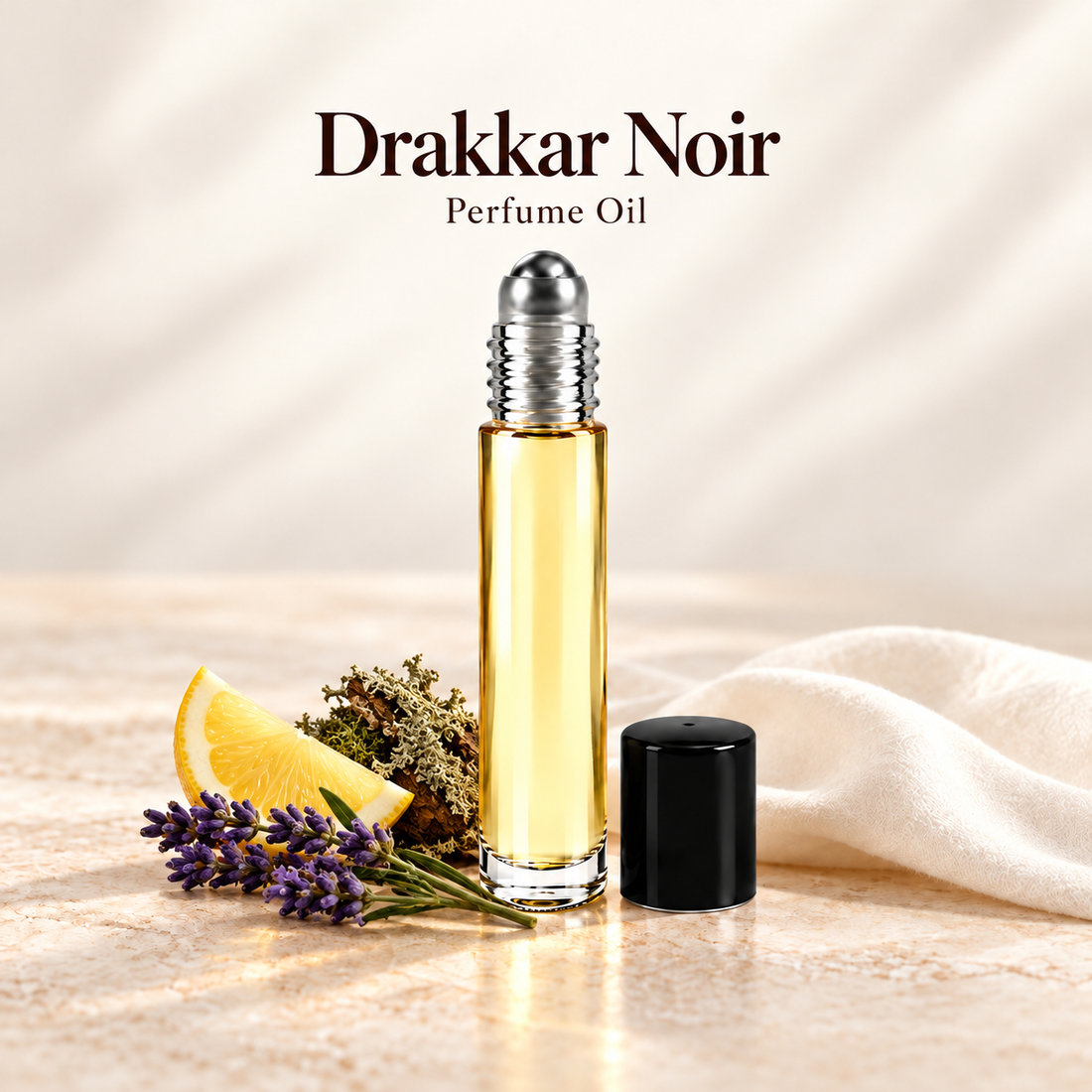 Drakkar Noir Guy Laroche Perfume Oil with simple scent note accents on soft ivory