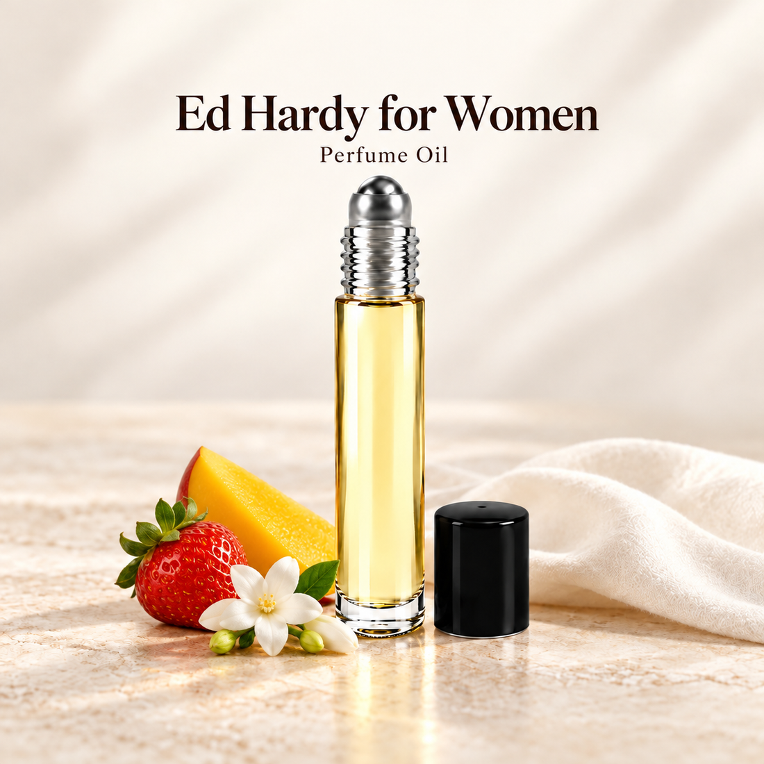 Ed Hardy for Women Perfume Oil with simple scent note accents on soft ivory