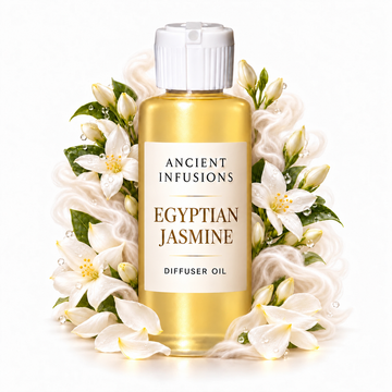 Egyptian Jasmine Diffuser Oil by Ancient Infusions with golden oil, white cap and matching scent artwork