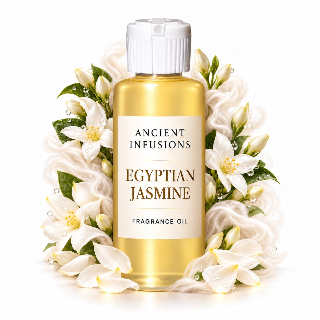Egyptian Jasmine fragrance oil by Ancient Infusions, with pale yellow oil and a tight halo representing jasmine petals, egyptian jasmine, musk.