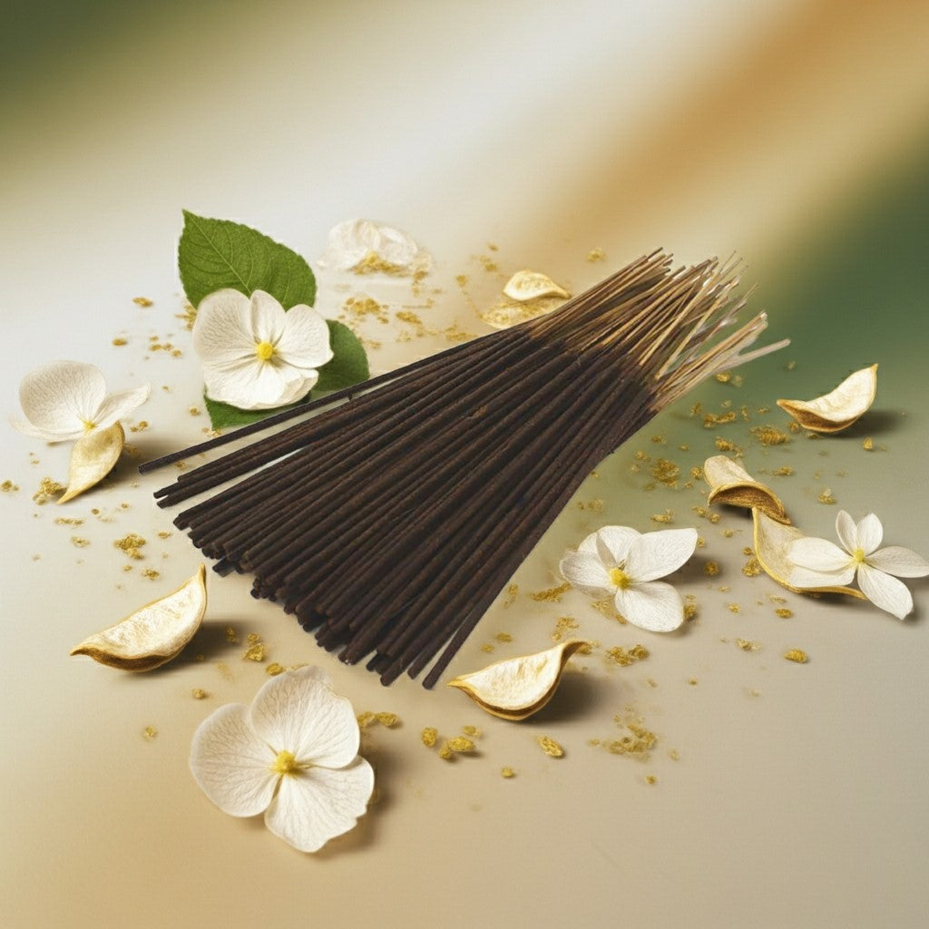 Egyptian Jasmine Incense Sticks with a pink ribbon on a light green background with flowers and leaves.