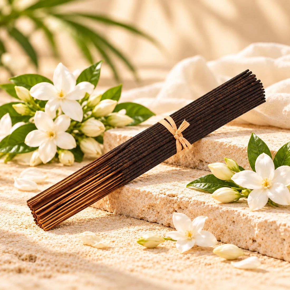 Egyptian Jasmine Incense Sticks on cream stone.