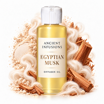 Egyptian Musk Diffuser Oil by Ancient Infusions with golden oil, white cap and matching scent artwork