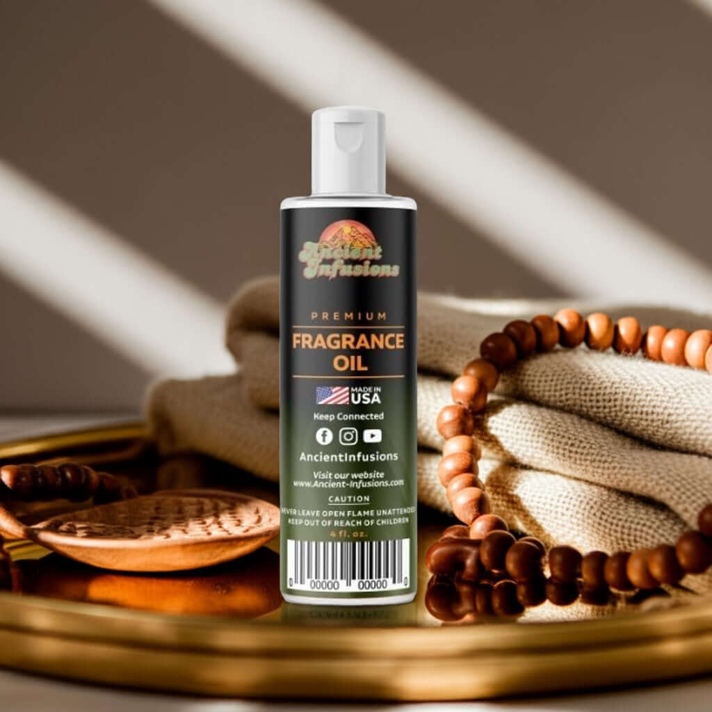 Bottle of Egyptian Musk Fragrance Oil surrounded by candles and beads on a wooden table, creating a soothing spa atmosphere.