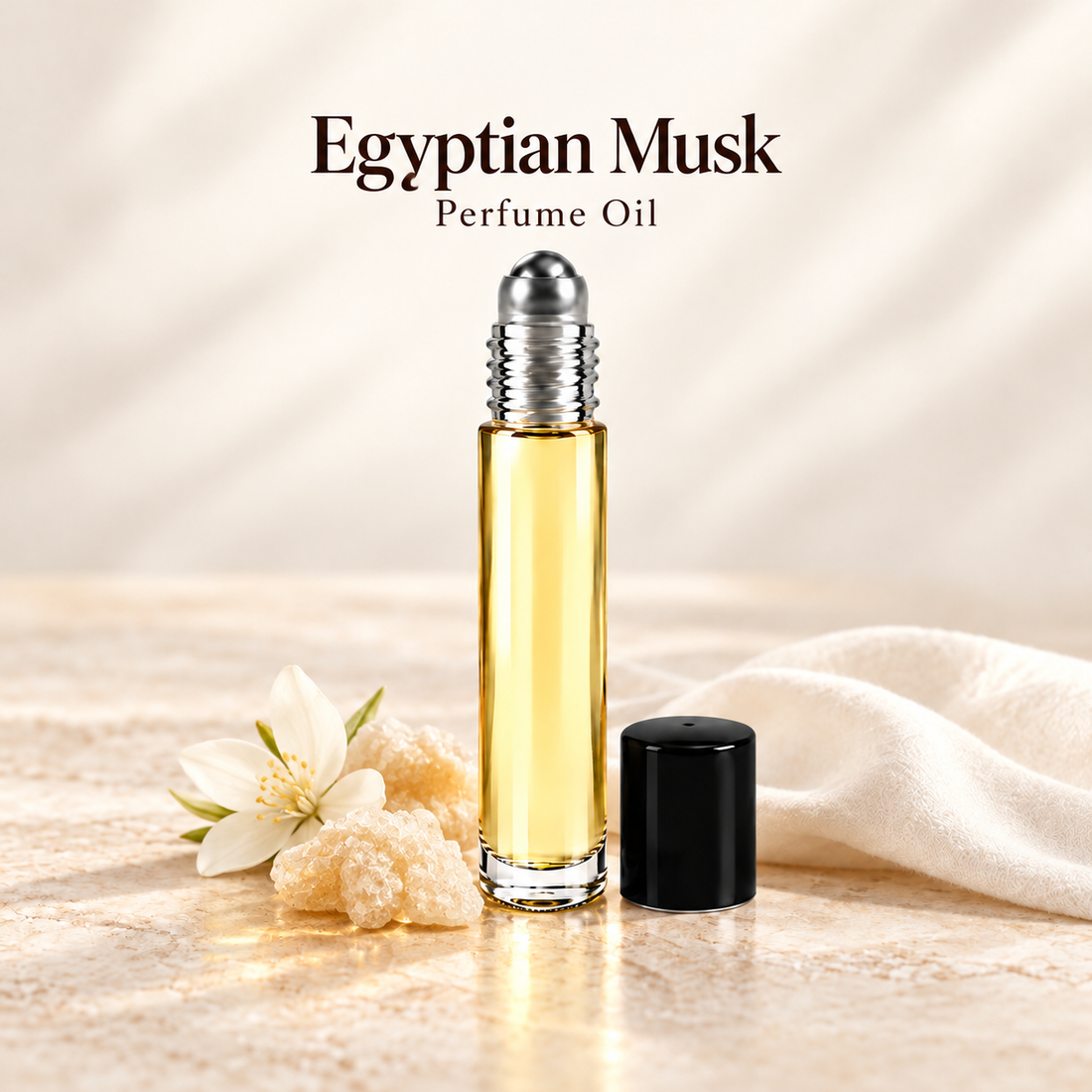 Egyptian Musk Perfume Oil with simple scent note accents on soft ivory