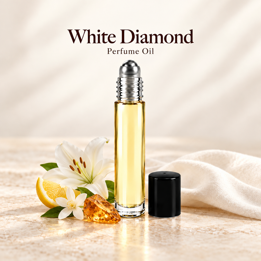 Elizabeth Taylor White Diamond Perfume Oil with simple scent note accents on soft ivory