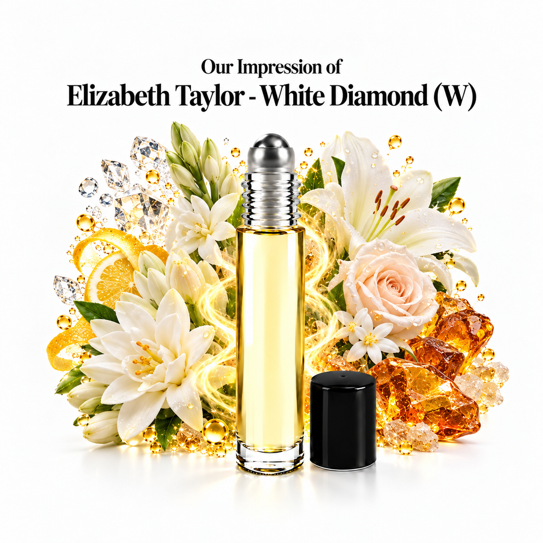 Elizabeth Taylor White Diamond Perfume Oil roll-on with scent-note imagery