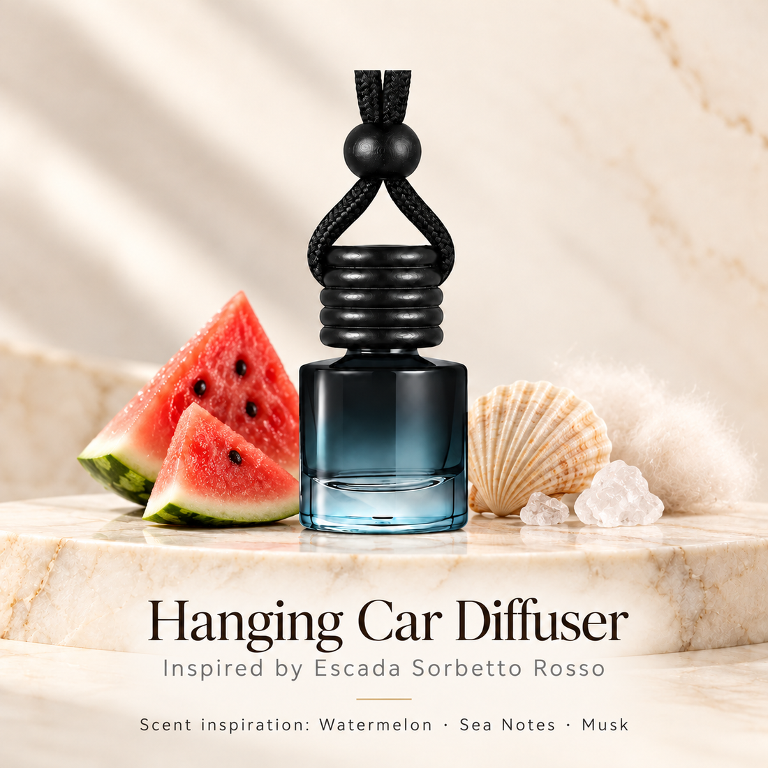 Hanging car diffuser inspired by Escada Sorbetto Rosso, with scent illustrations on warm ivory stone