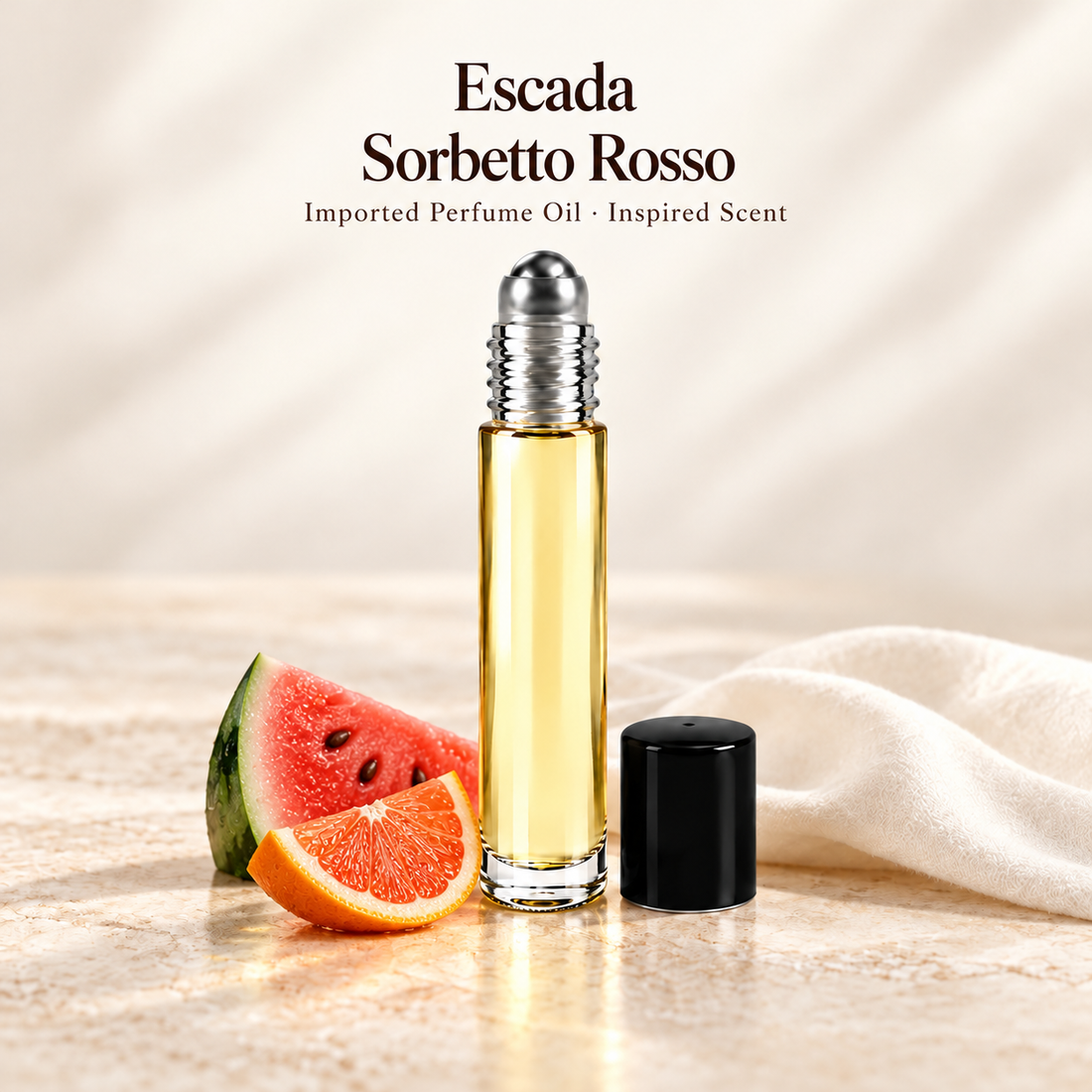 Escada Sorbetto Rosso Perfume Oil with minimal fragrance note accents on soft ivory