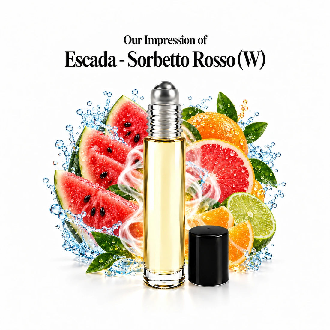 Our impression of Escada - Sorbetto Rosso Perfume Oil centered roll-on and scent-note halo with generous white spacing.