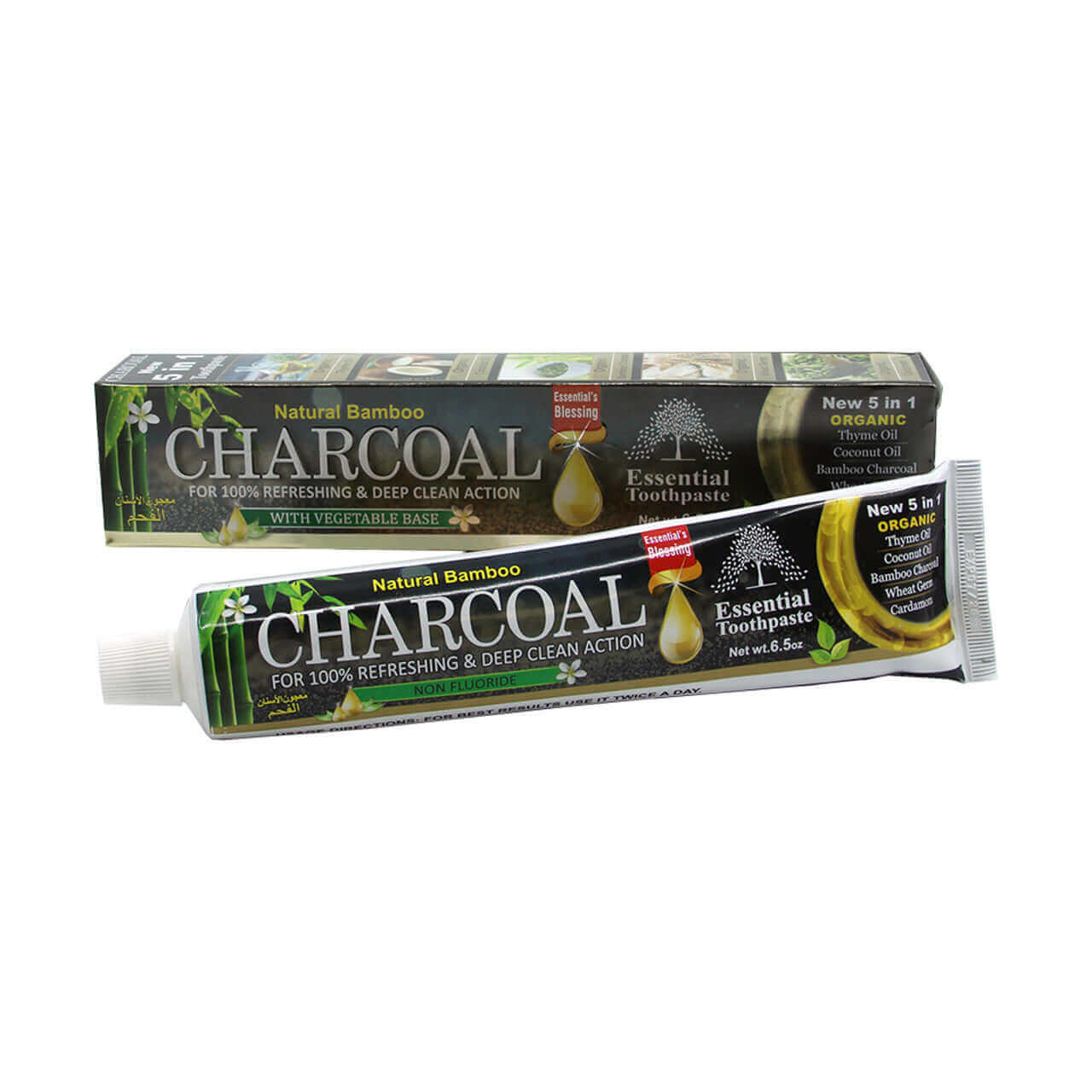 Essential Palace Bamboo Charcoal 5-in-1 Toothpaste tube and box