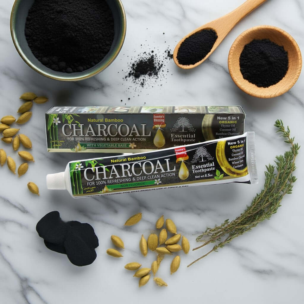Essential Palace Bamboo Charcoal 5-in-1 Toothpaste with activated charcoal and natural ingredients for oral care