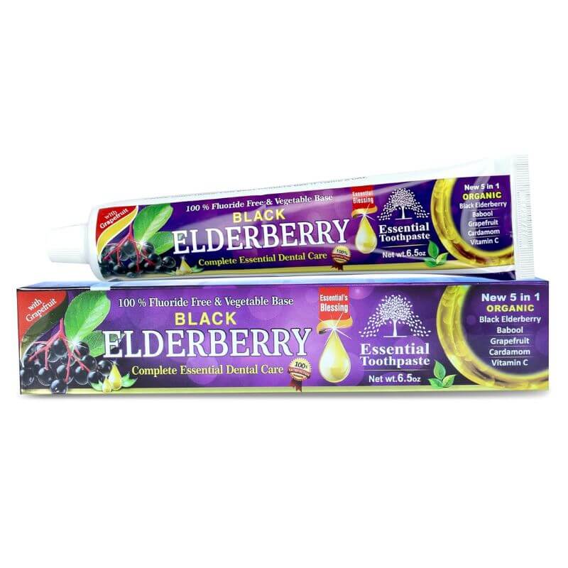 Essential Palace Elderberry 5-in-1 Fluoride-Free Toothpaste with elderberries, babool, grapefruit, and cardamom on marble counter
