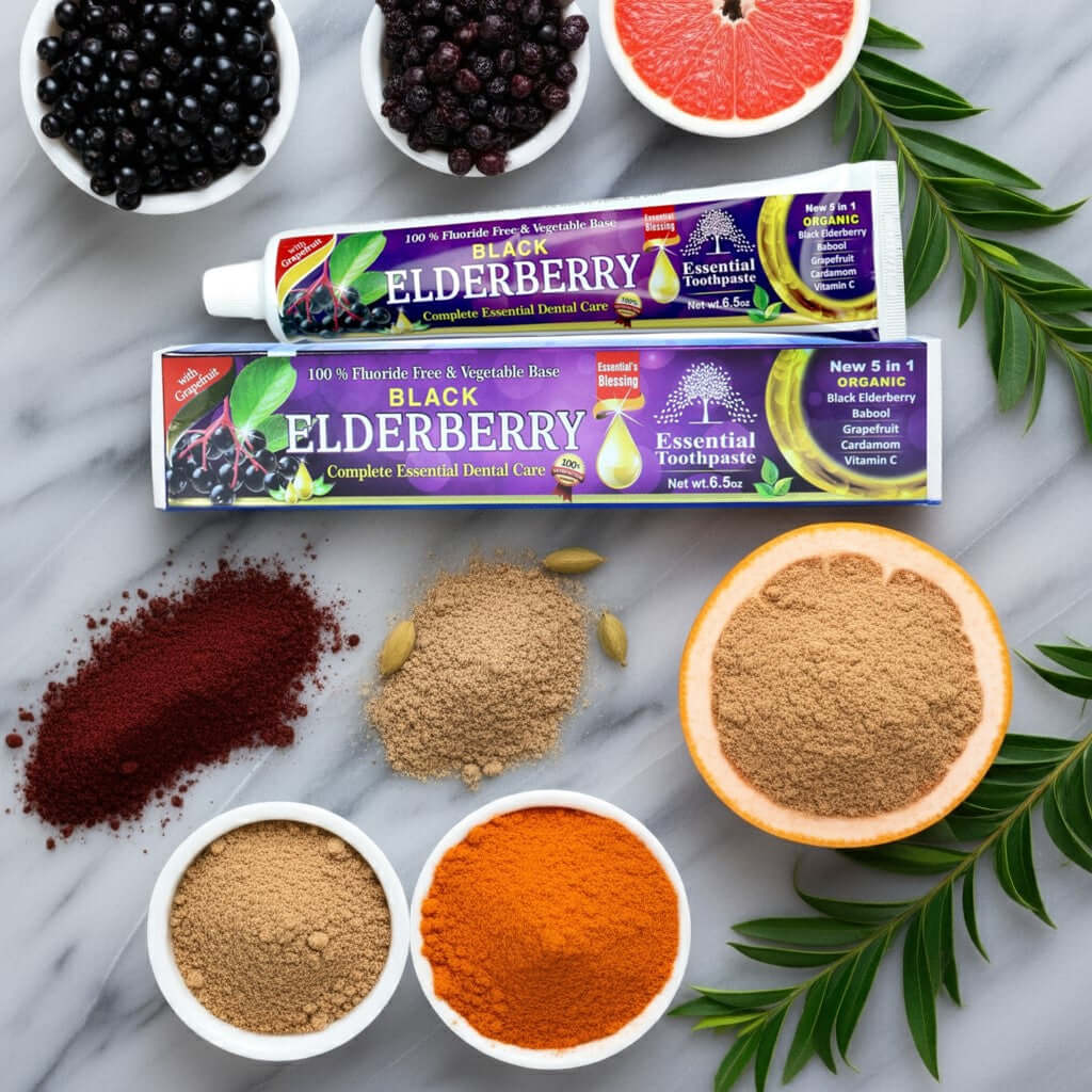 Essential Palace Elderberry 5-in-1 Fluoride-Free Toothpaste with elderberries, babool, grapefruit, and cardamom on marble counter