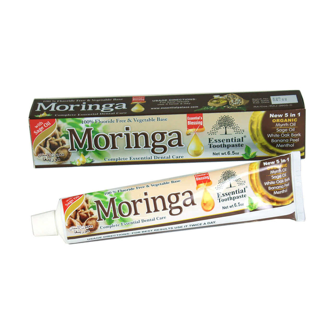 Essential Palace Moringa 5-in-1 Fluoride-Free Toothpaste with moringa leaves, sage, myrrh, and banana peel on marble counter