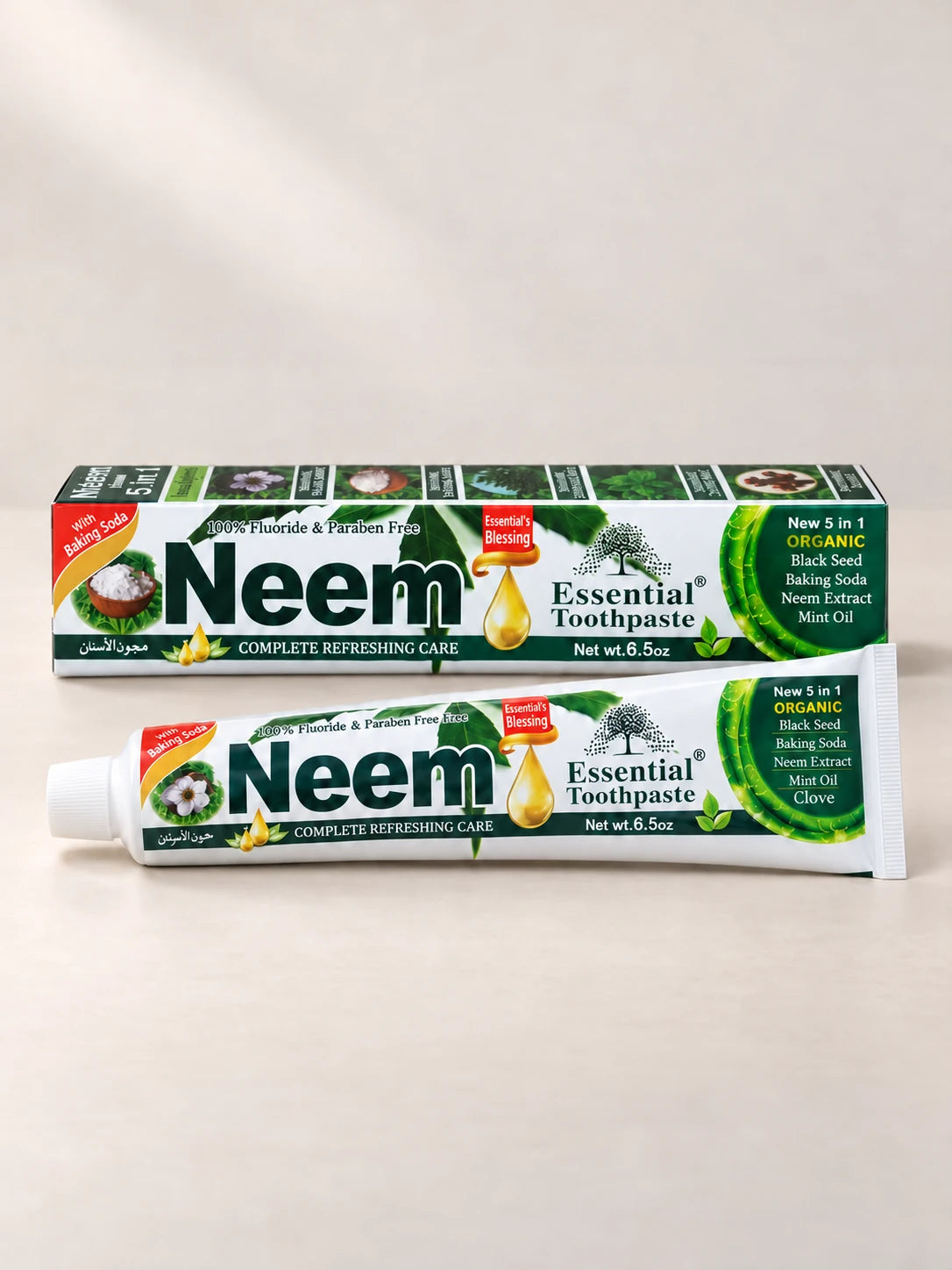 Essential Palace Neem Toothpaste 5-in-1 fluoride-free toothpaste tube and box on a pale warm greige background.