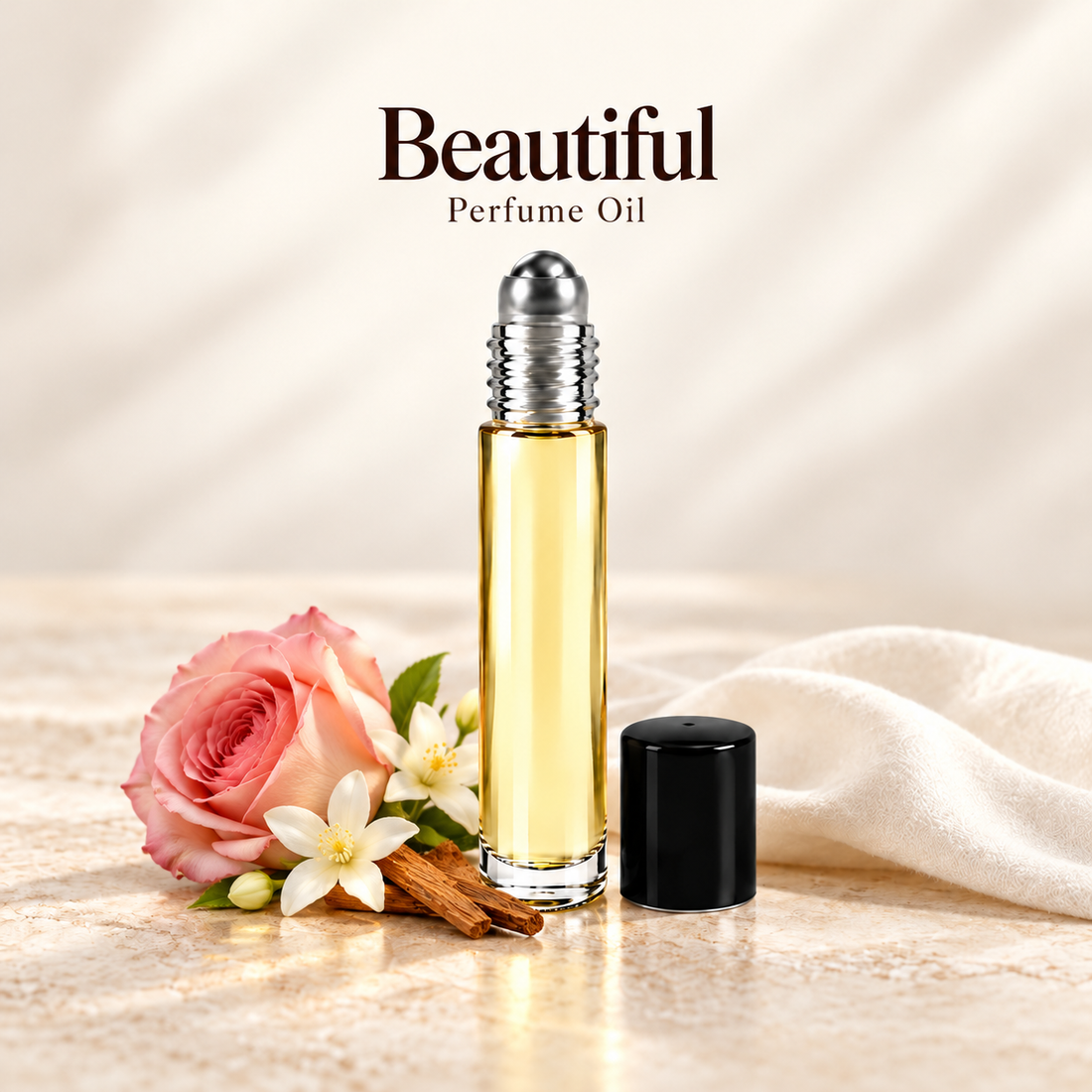 Estee Lauder Beautiful Perfume Oil with simple scent note accents on soft ivory