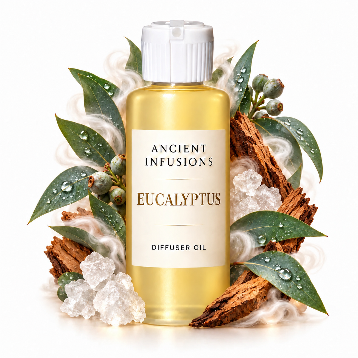 Eucalyptus Diffuser Oil by Ancient Infusions with golden oil, white cap and matching scent artwork