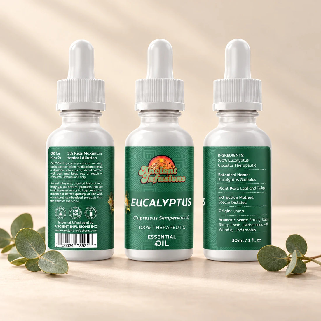 Ancient Infusions Eucalyptus Essential Oil bottle with botanicals on a soft ivory background.