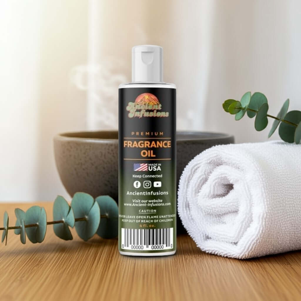 Bottle of Eucalyptus Fragrance Oil with fresh eucalyptus and towel, highlighting pure and energizing scent for wellness.