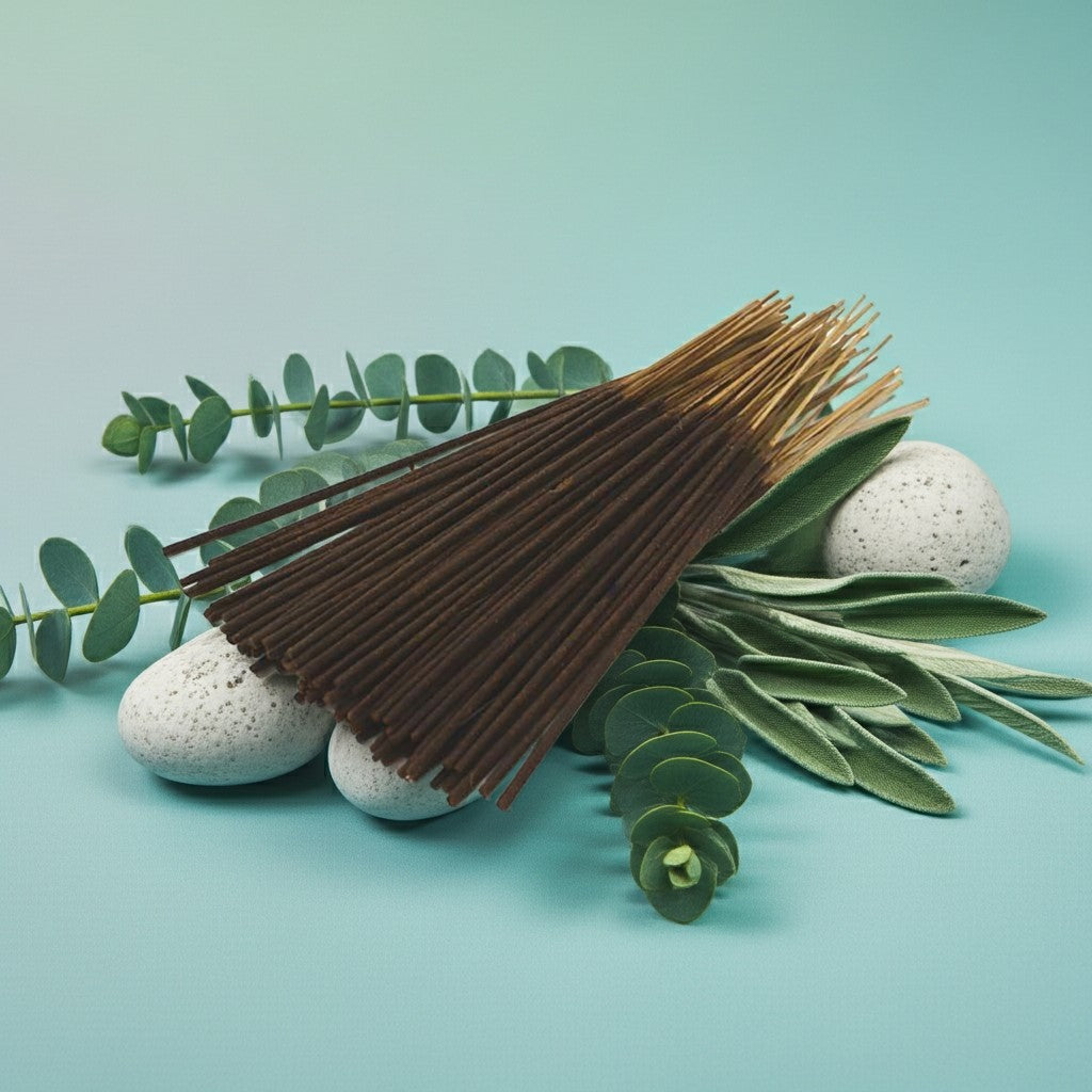 Eucalyptus Incense Sticks with a red tie on a green surface with stones and leaves