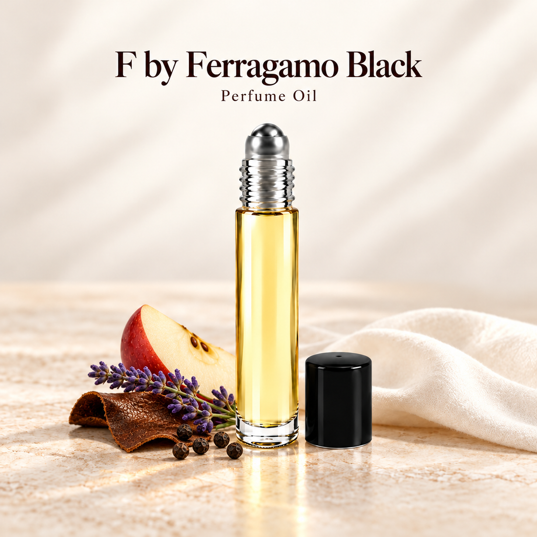 F by Ferragamo Black Perfume Oil with simple scent note accents on soft ivory