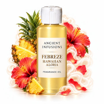 Febreze - Hawaiian Aloha fragrance oil by Ancient Infusions, with pale yellow oil and a tight halo representing pineapple, hibiscus, musk.