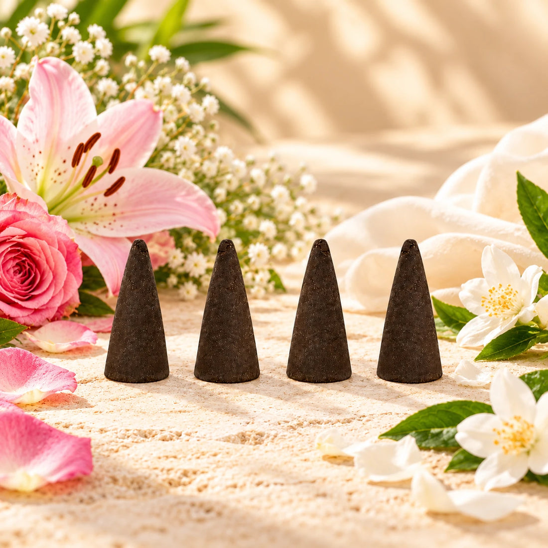 Flower Shop Incense Cones on cream stone.