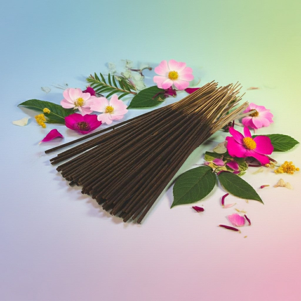 Flower Shop Incense Sticks with flowers and leaves on a gradient background